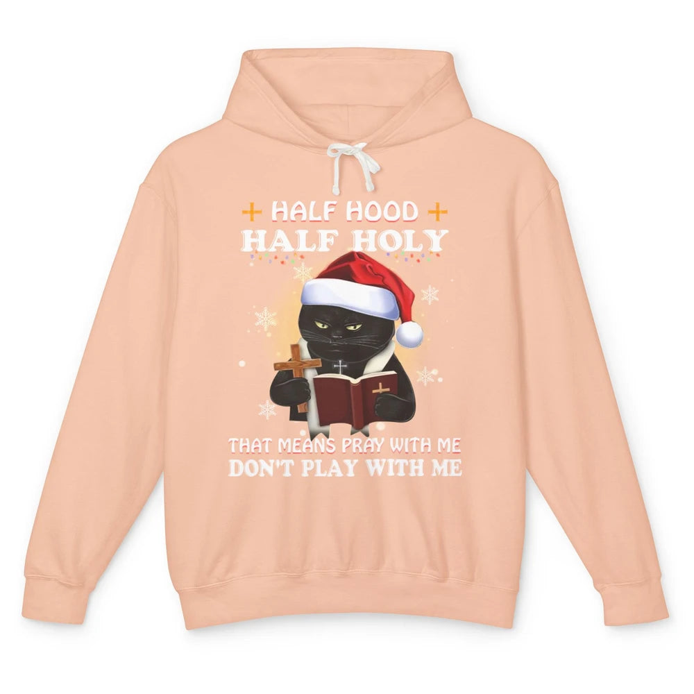 Black Cat Santa Half Hood Half Holly Christmas Bible Verse Unisex Lightweight Hoodie