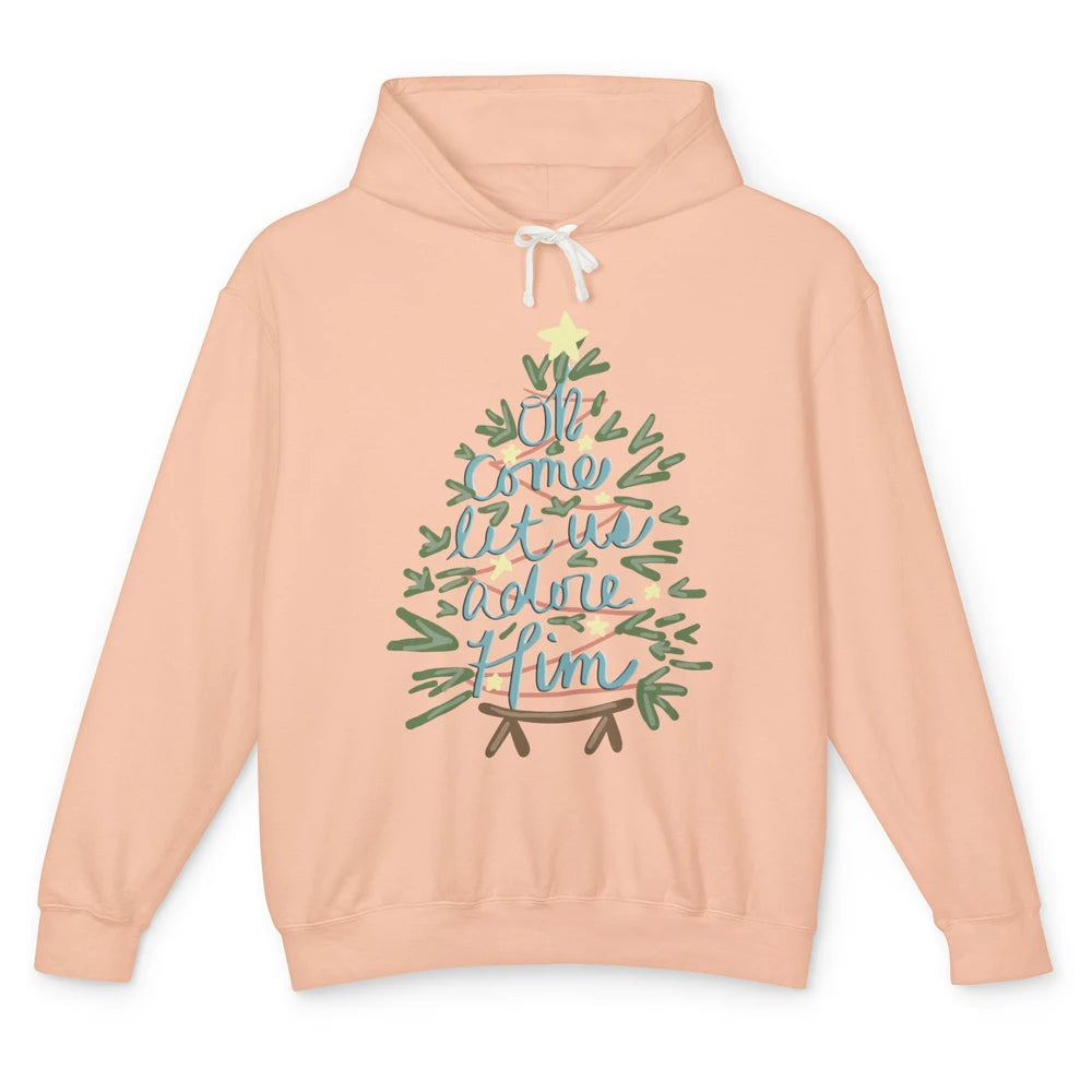 Retro Christmas Tree Oh Come Let Us Adore Him Groovy Xmas Unisex Lightweight Hoodie
