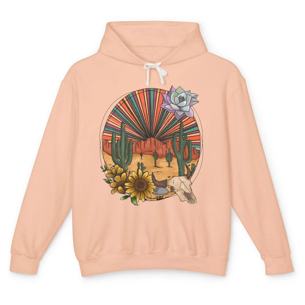 Retro Desert Western Cowboy Boho Skull Cactus Country Cowboy Unisex Lightweight Hoodie