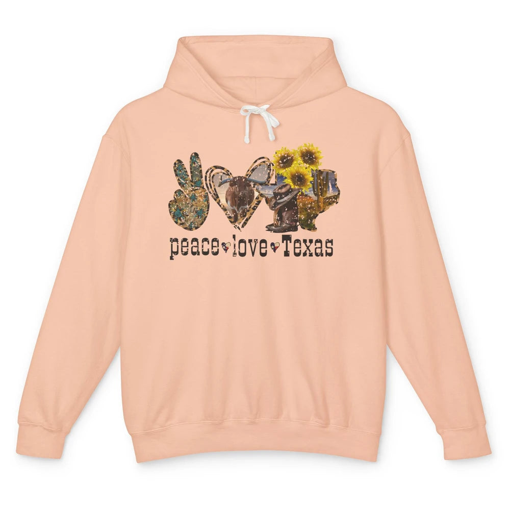 Retro Peace Love Texas Cowboy Boot Western Girl Cactus Lover Unisex Lightweight Hoodie