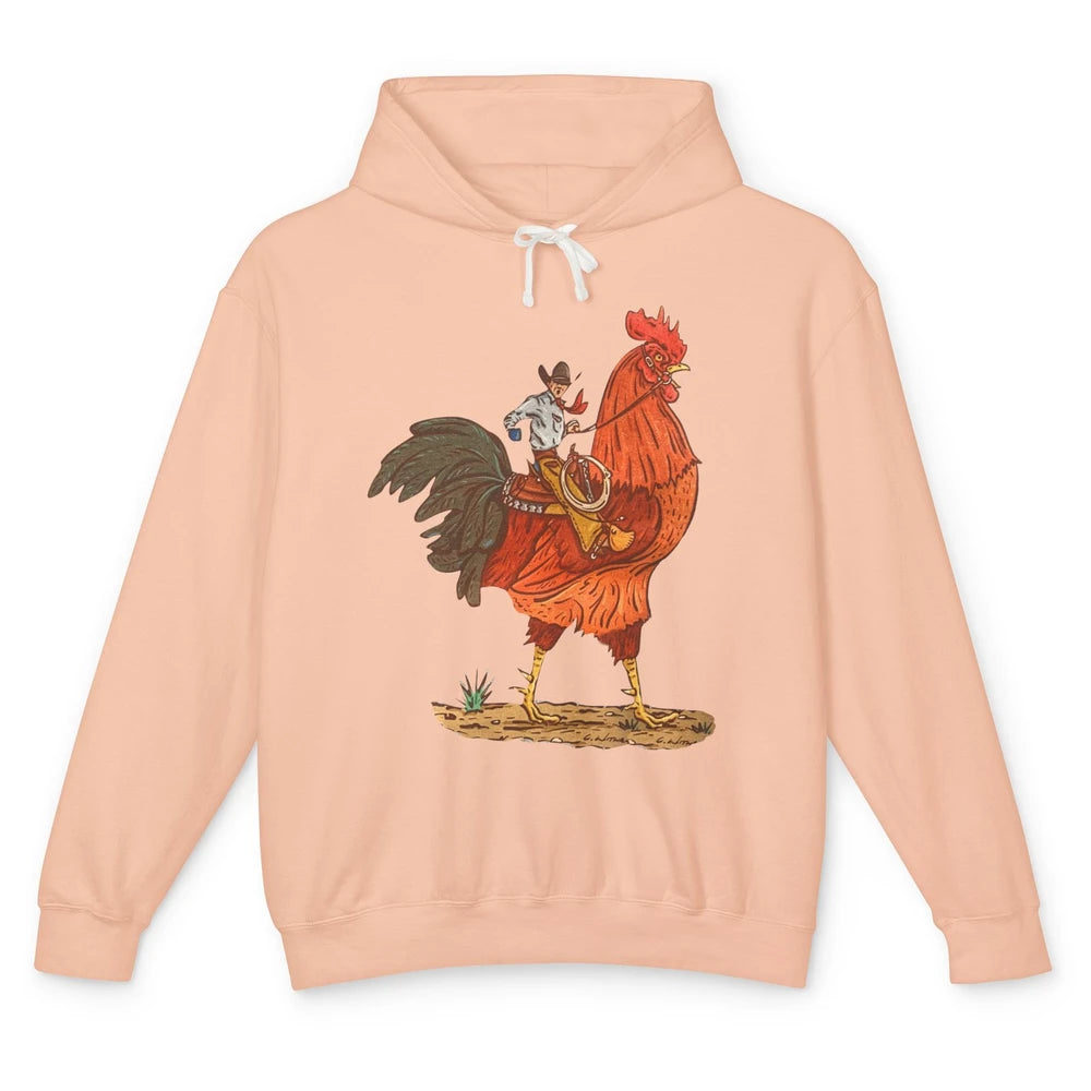 Retro Cowboy Riding Rooster Funny Western Country Cowboy Unisex Lightweight Hoodie