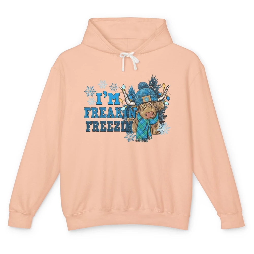 Funny Christmas Highland Cow I'm Freaking Freezing Western Unisex Lightweight Hoodie