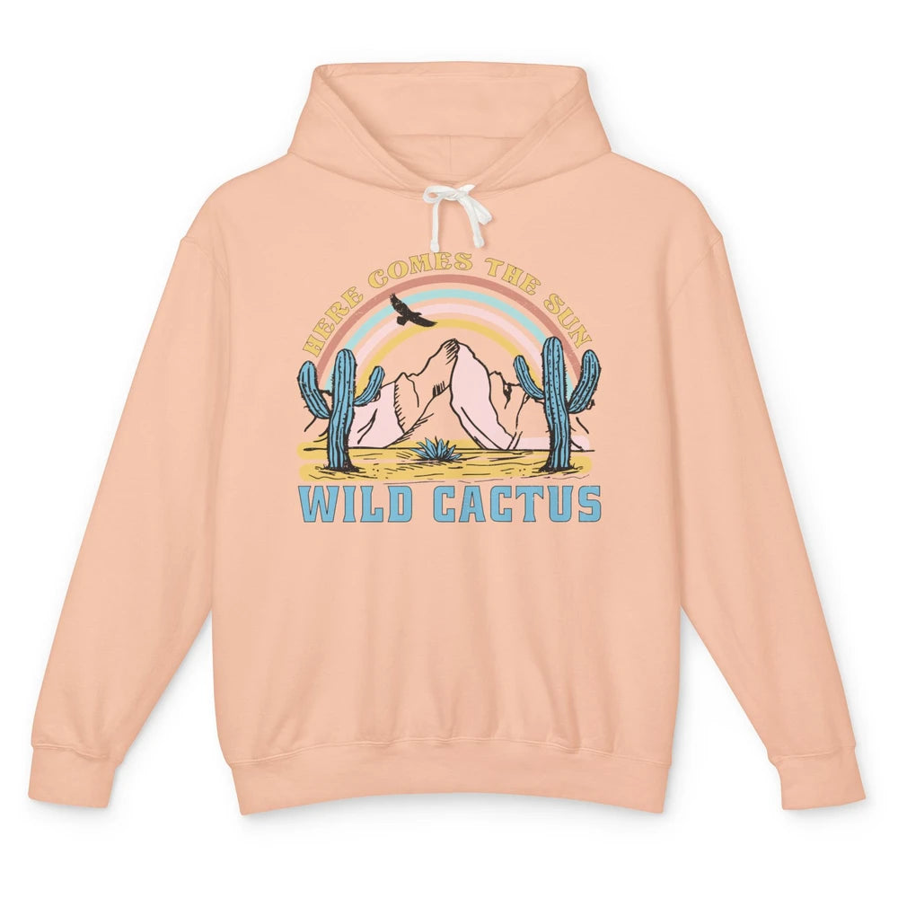 Retro Rainbow Here Come The Sun Wild cactus Desert Western Unisex Lightweight Hoodie