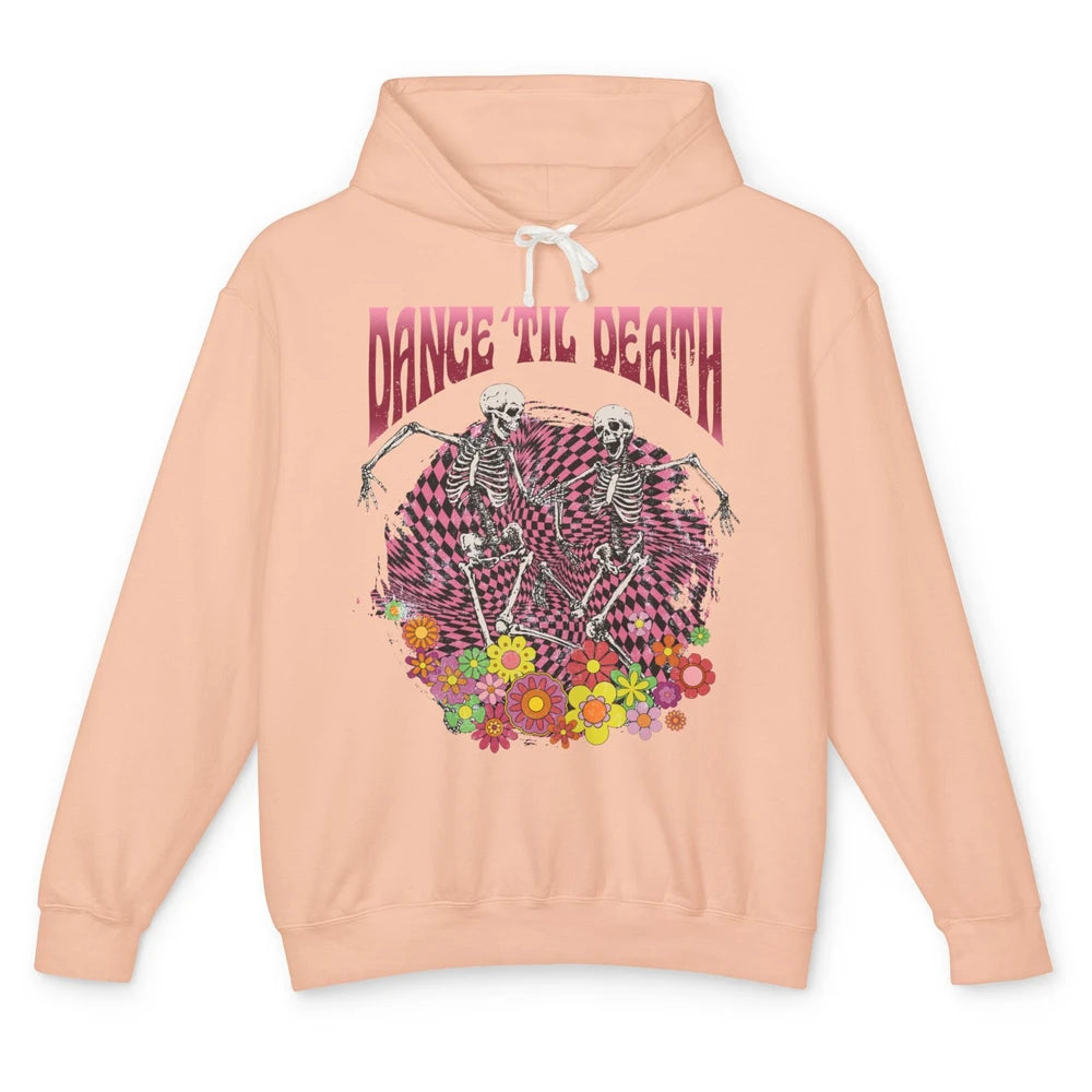 Retro Dancing Skeletons Dance Til Death Groovy Daisy Floral Unisex Lightweight Hoodie