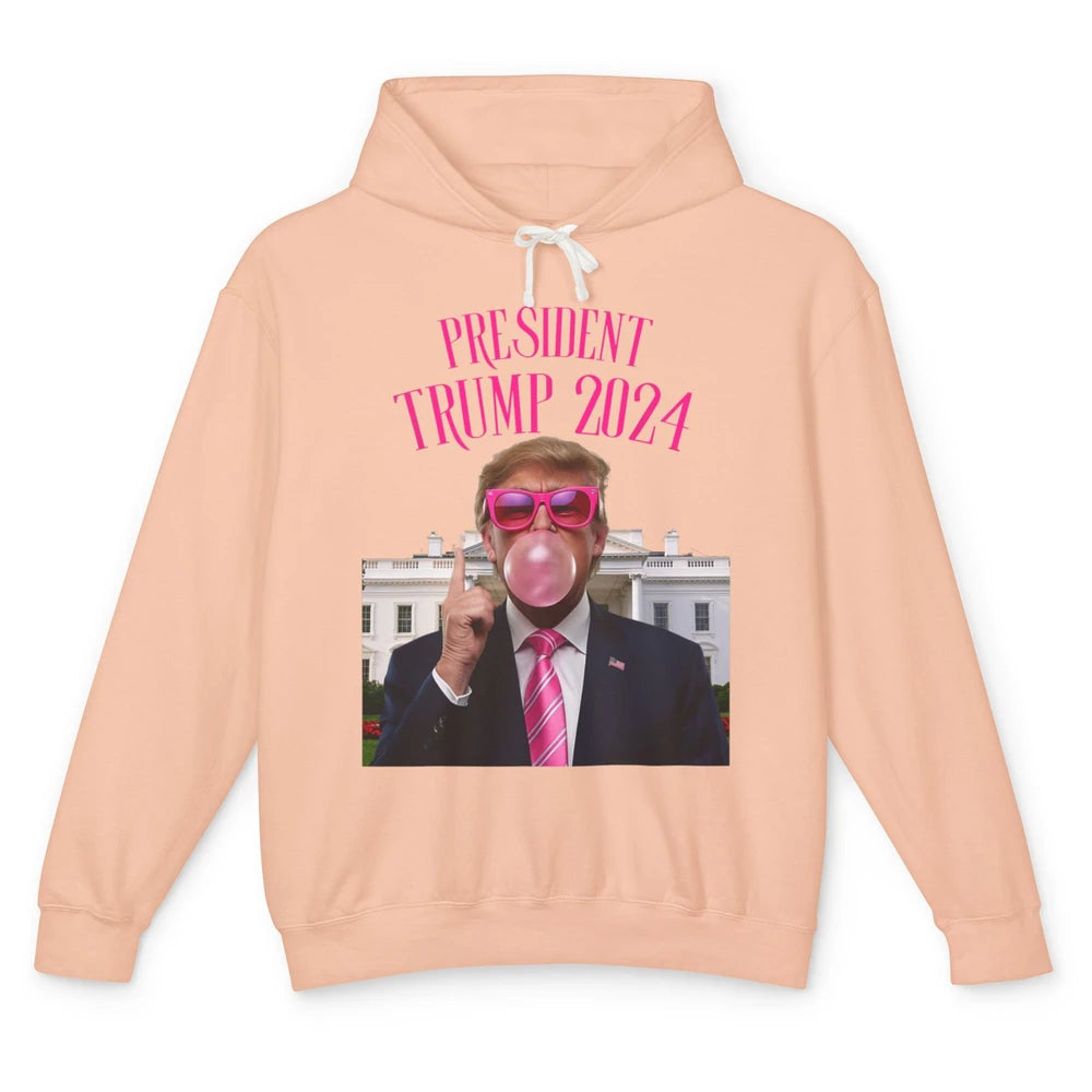 President Trump 2024 Blowing Bubble Gum Funny Trump Won Sarcastic Chewing Gum Pink Sunglasses Political Unisex Lightweight Hoodie