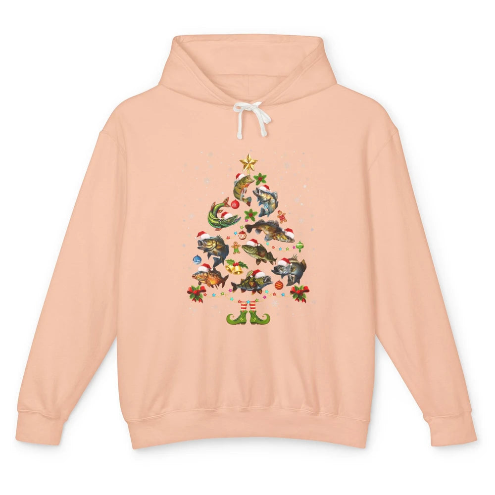 Merry Christmas Fishmas Fishing Tree Fisherman Xmas Lights Unisex Lightweight Hoodie