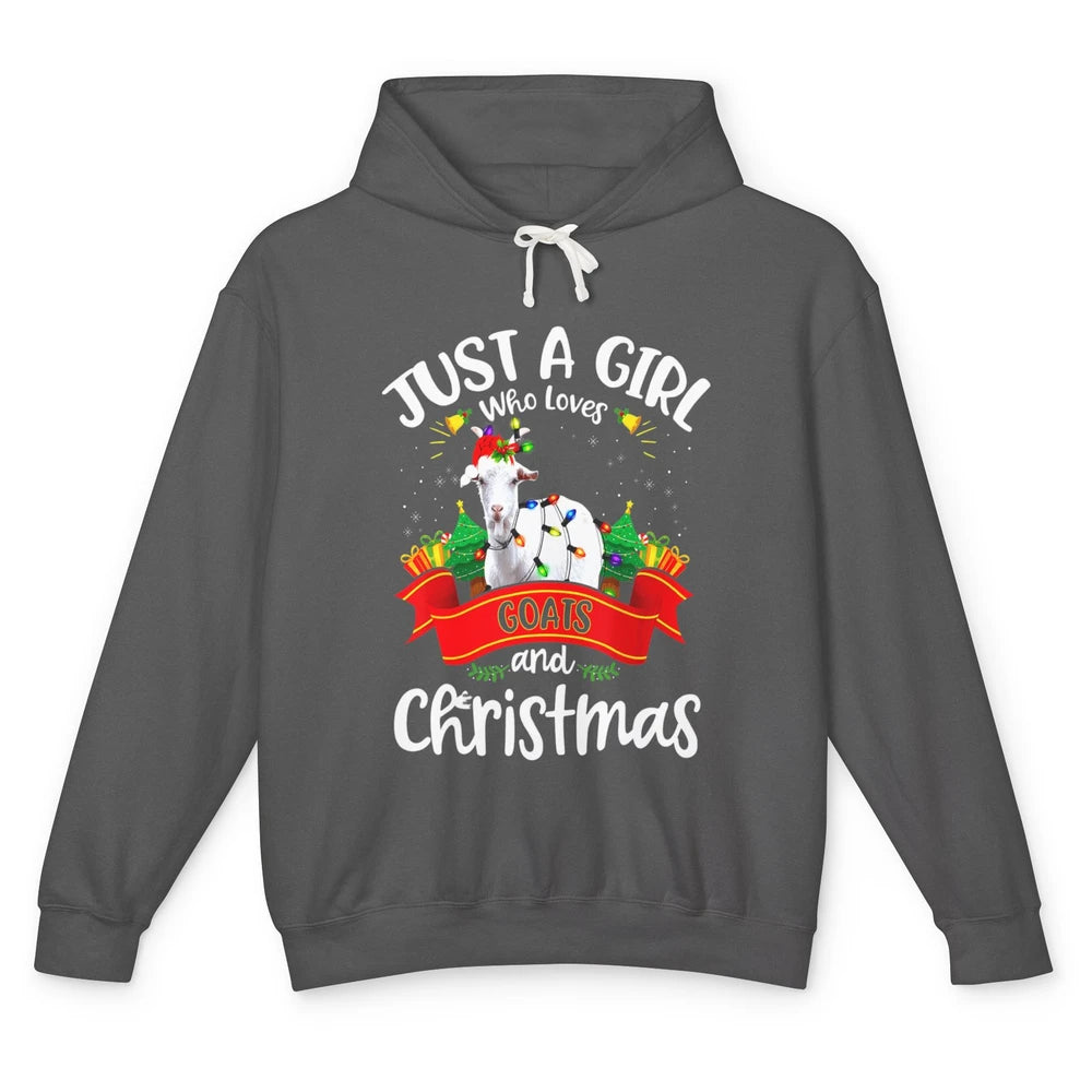Merry Christmas Just Girl Loves Goat And Xmas Tree Lights Unisex Lightweight Hoodie