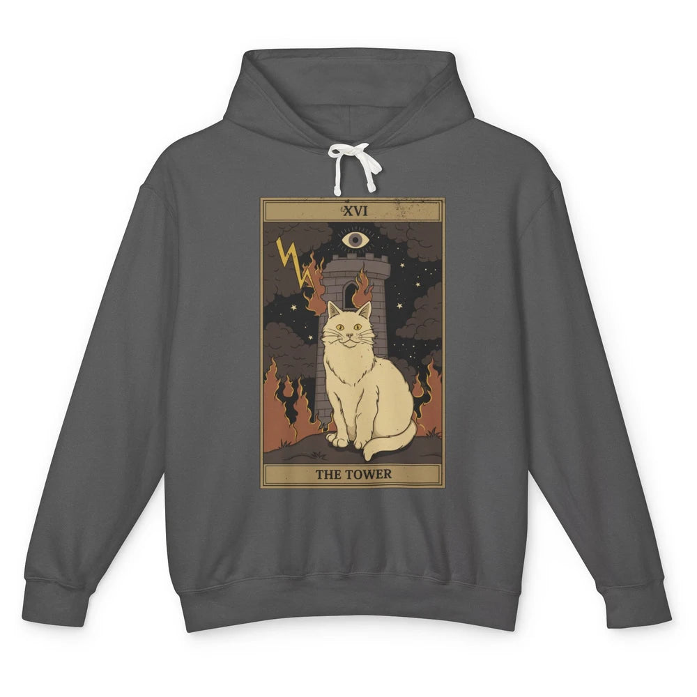 Retro Halloween Cat Witch The Tower Tarot Card Witchcraft Unisex Lightweight Hoodie