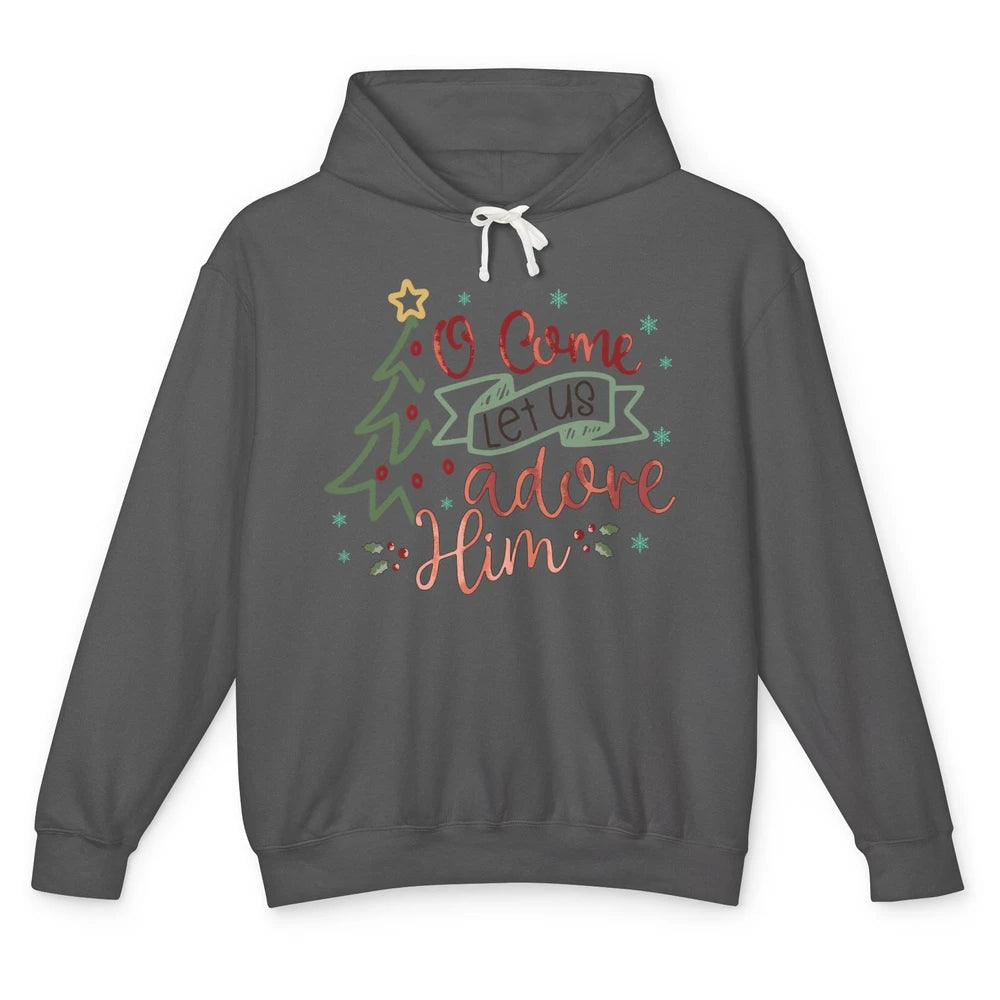 Retro Christmas Tree O Come Let Us Adore Him Christian Jesus Unisex Lightweight Hoodie