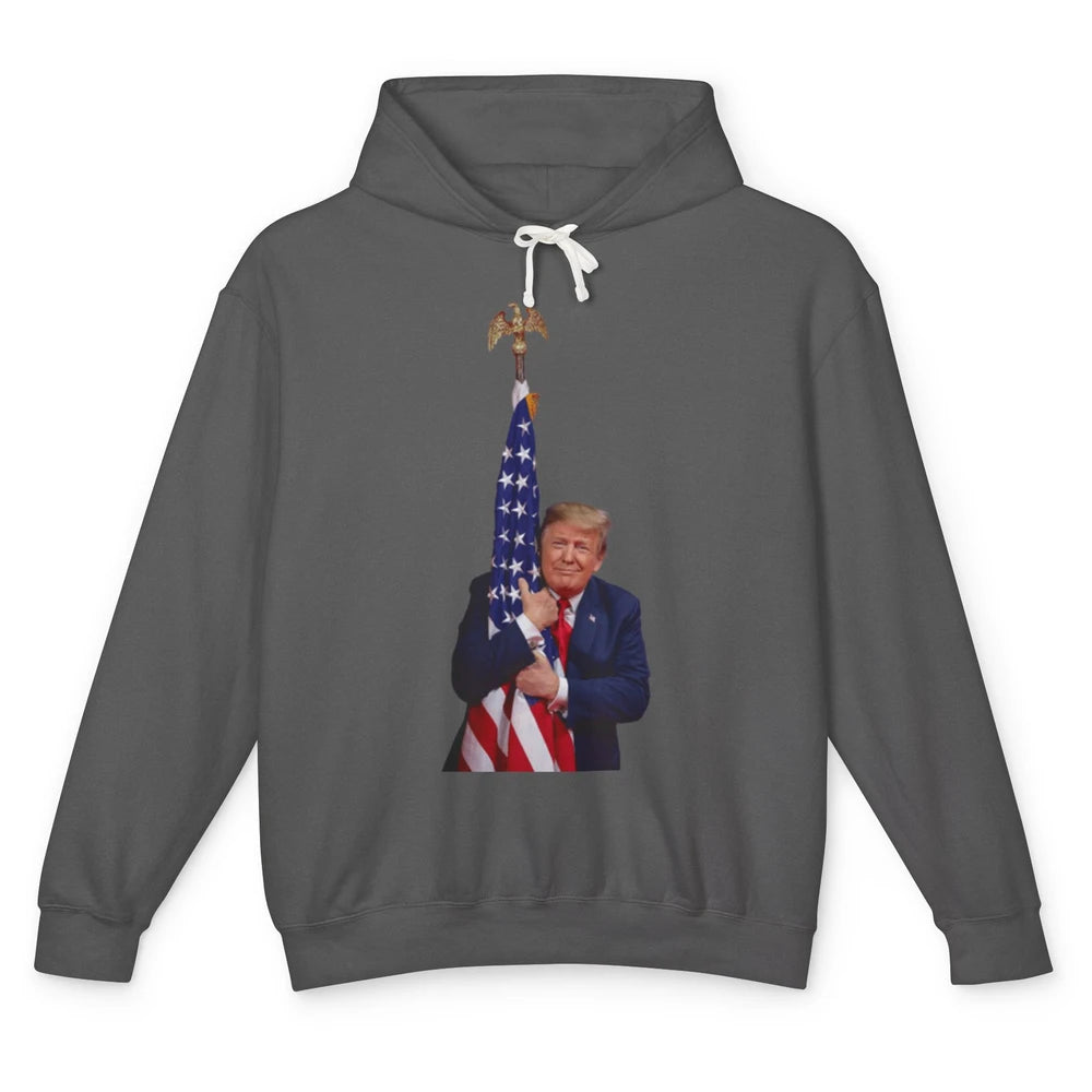 Donald Trump Hugging American Flag Vote Election Republic Unisex Lightweight Hoodie