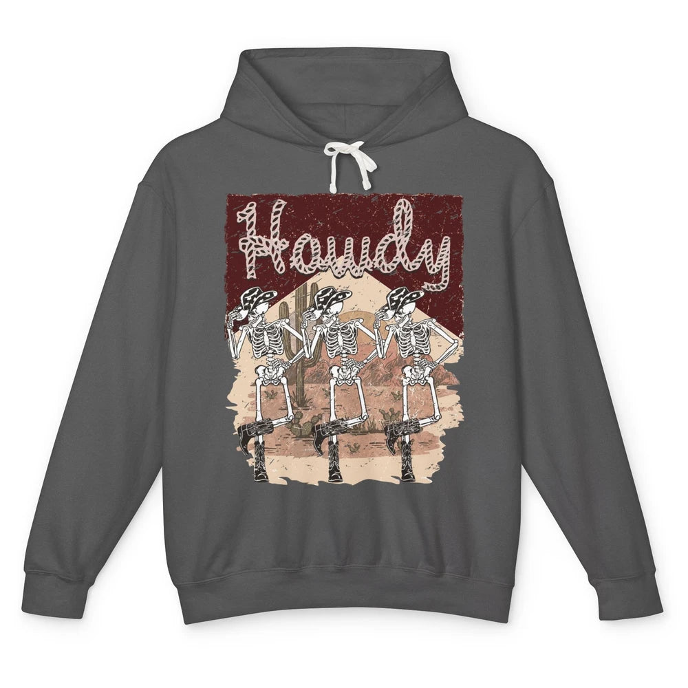 Retro Desert Cowboy Skeleton Dancing Howdy Western Halloween Unisex Lightweight Hoodie