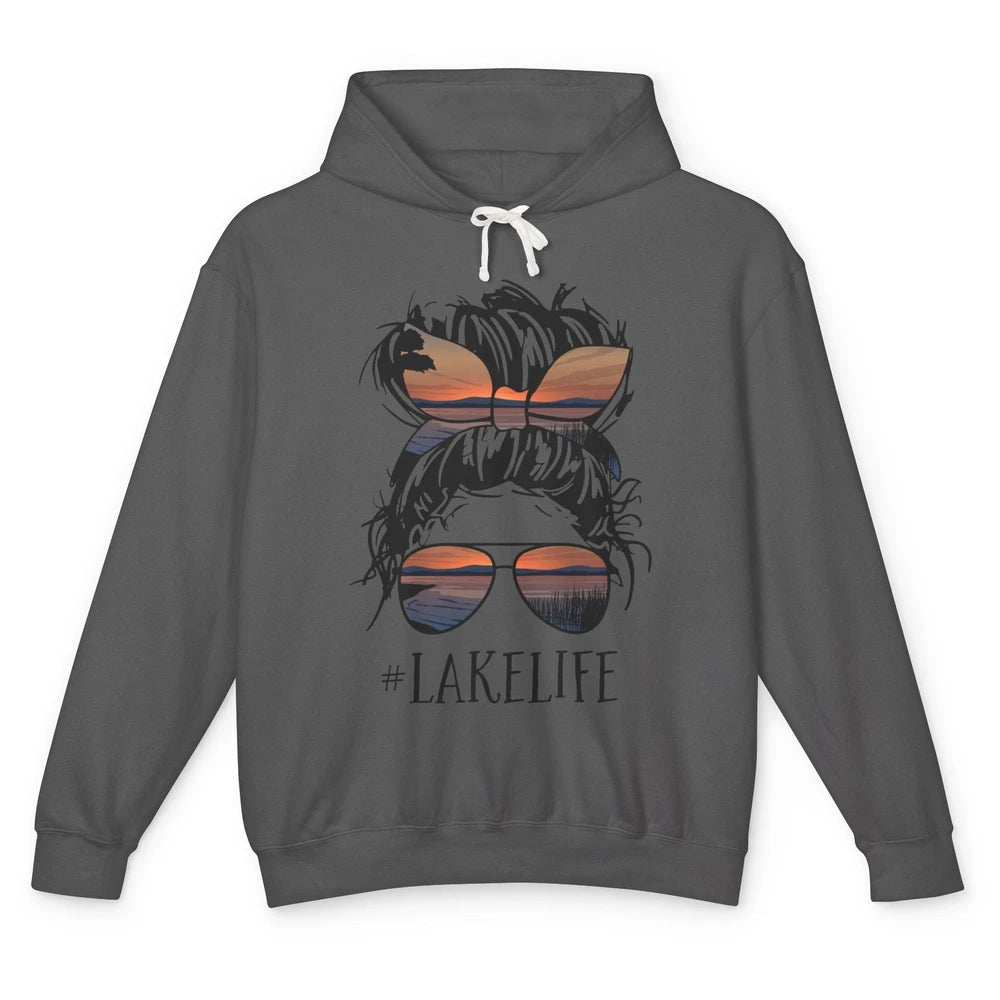 Lake Life Messy Bun Hair Girl Women Retro Lake Summer Gift Unisex Lightweight Hoodie