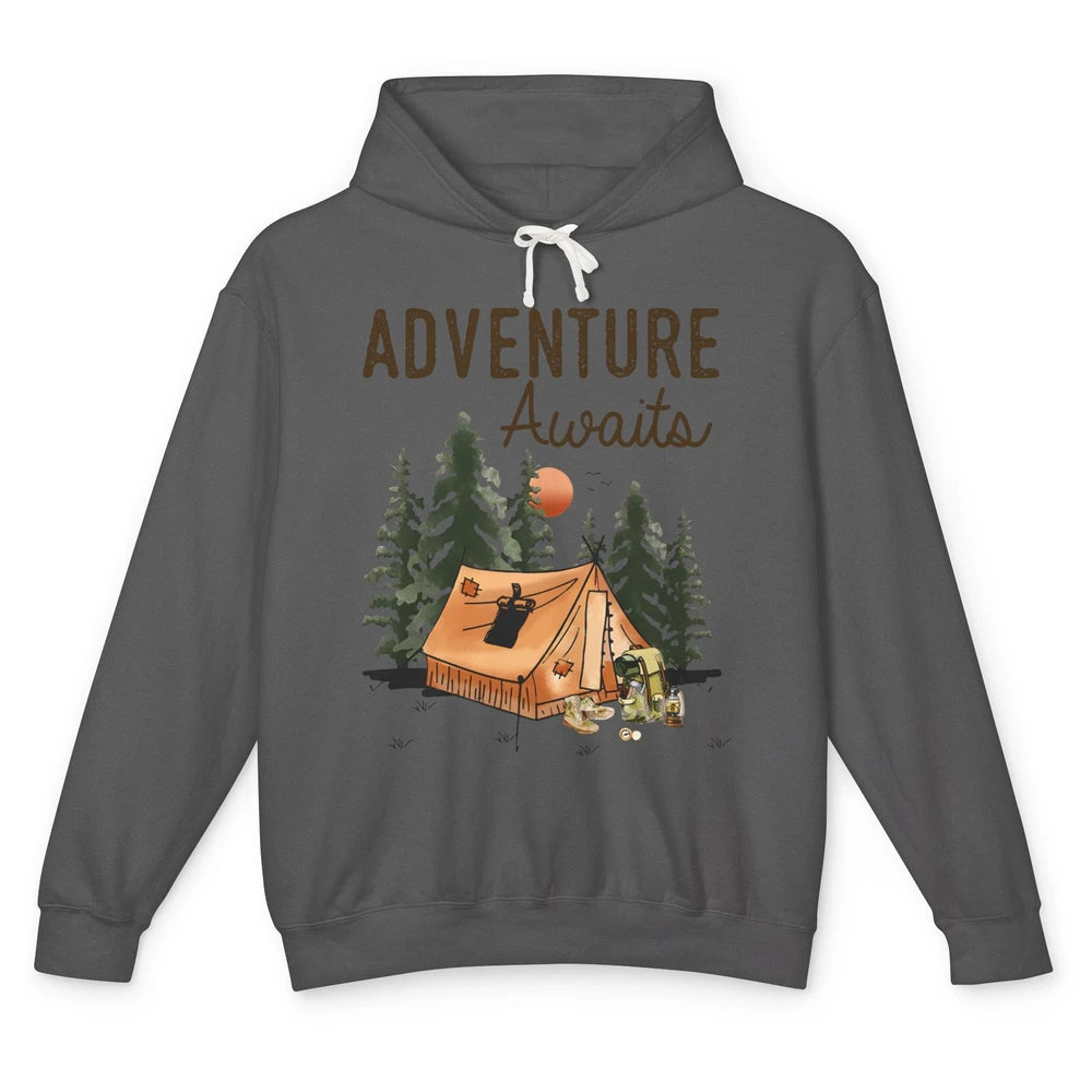 Retro Camping Tent Mountain Sunset Adventure Awaits Campers Unisex Lightweight Hoodie