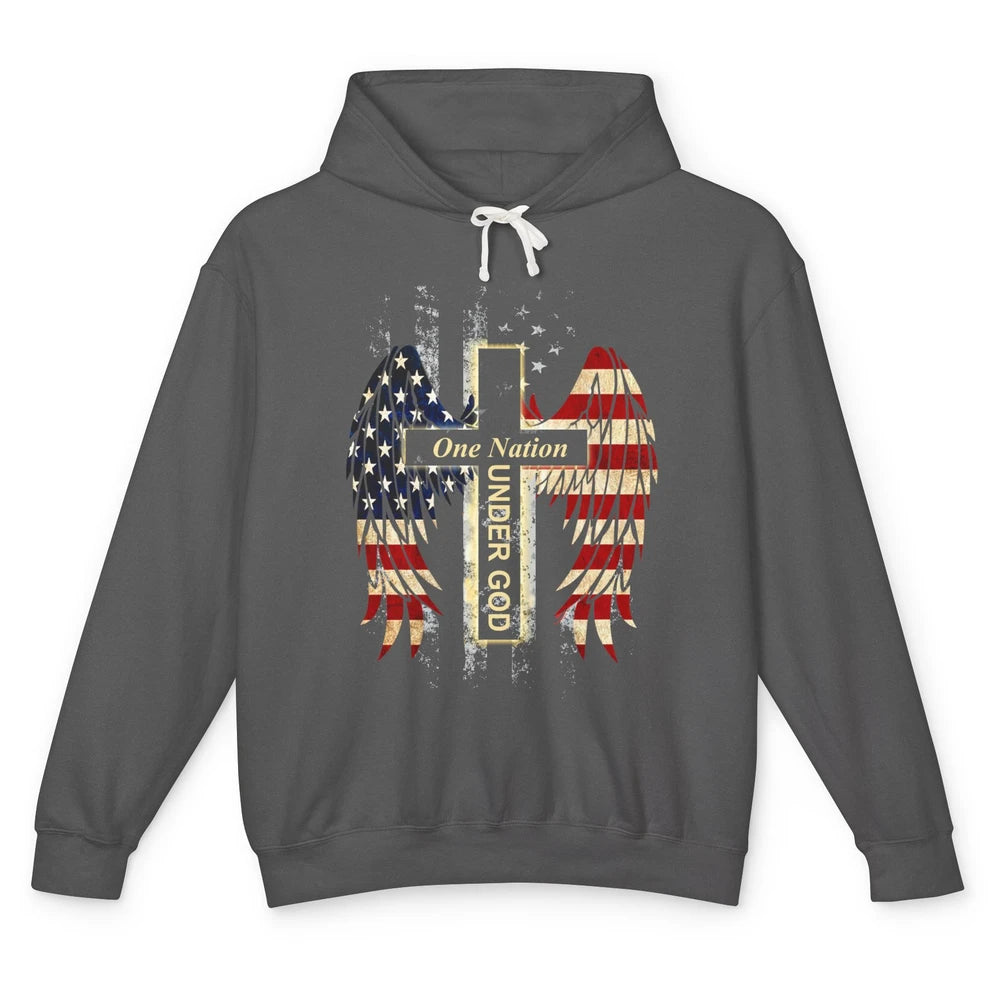 Patriotic One Nation Under God American Flag Faith Cross Unisex Lightweight Hoodie