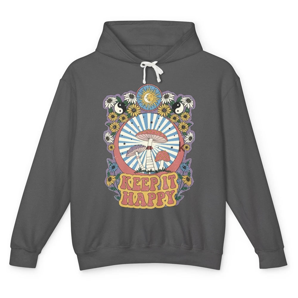 Retro Groovy Keep It Happy Mushroom Daisy Sun Positive Mind Unisex Lightweight Hoodie