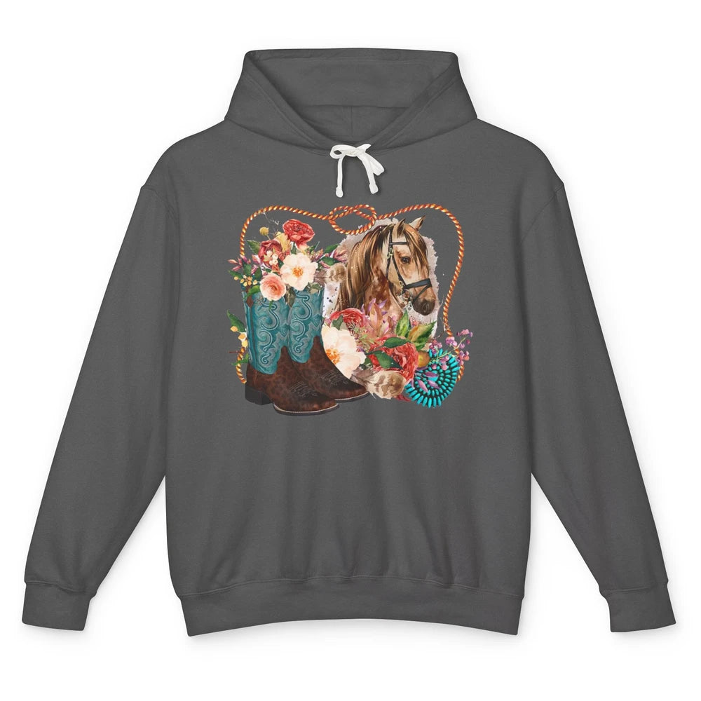 Retro Floral Cowboy Boots And Horse Western Country Cowgirl Unisex Lightweight Hoodie