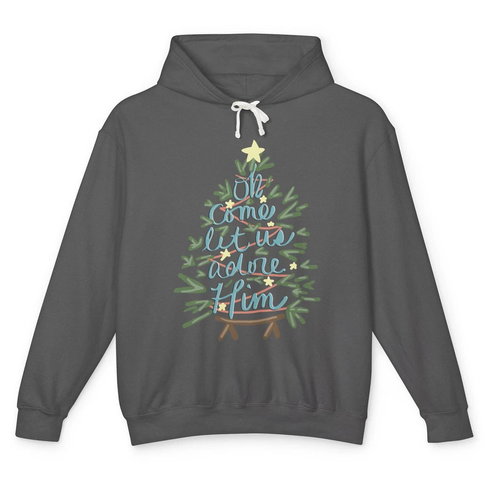 Retro Christmas Tree Oh Come Let Us Adore Him Groovy Xmas Unisex Lightweight Hoodie