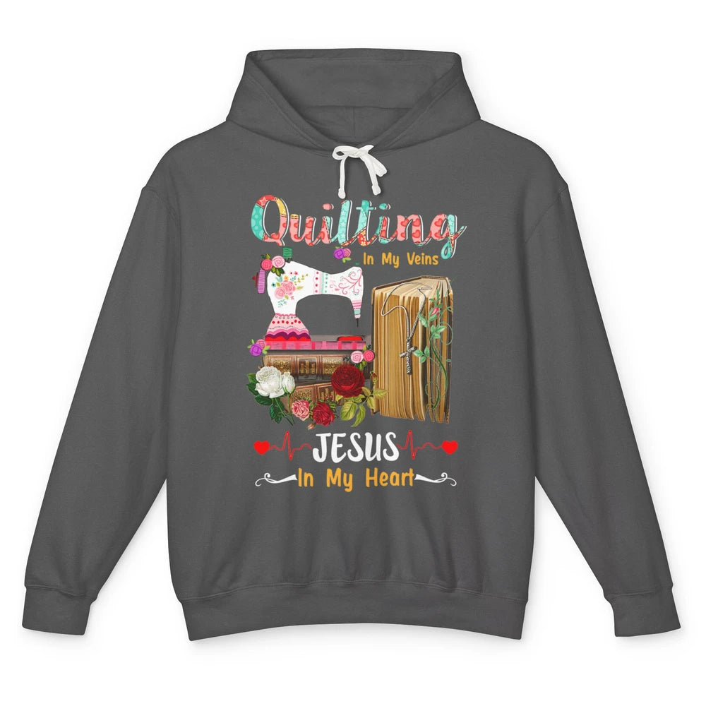 Quilting In My Veins Jesus In Heart Christian Retro Quilt Unisex Lightweight Hoodie