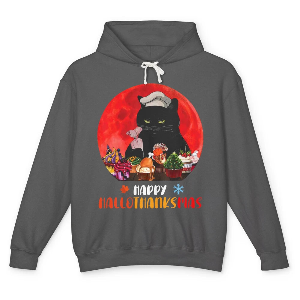 Black Cat Happy Hallothanksmas Baker Cat Halloween Christmas Unisex Lightweight Hoodie