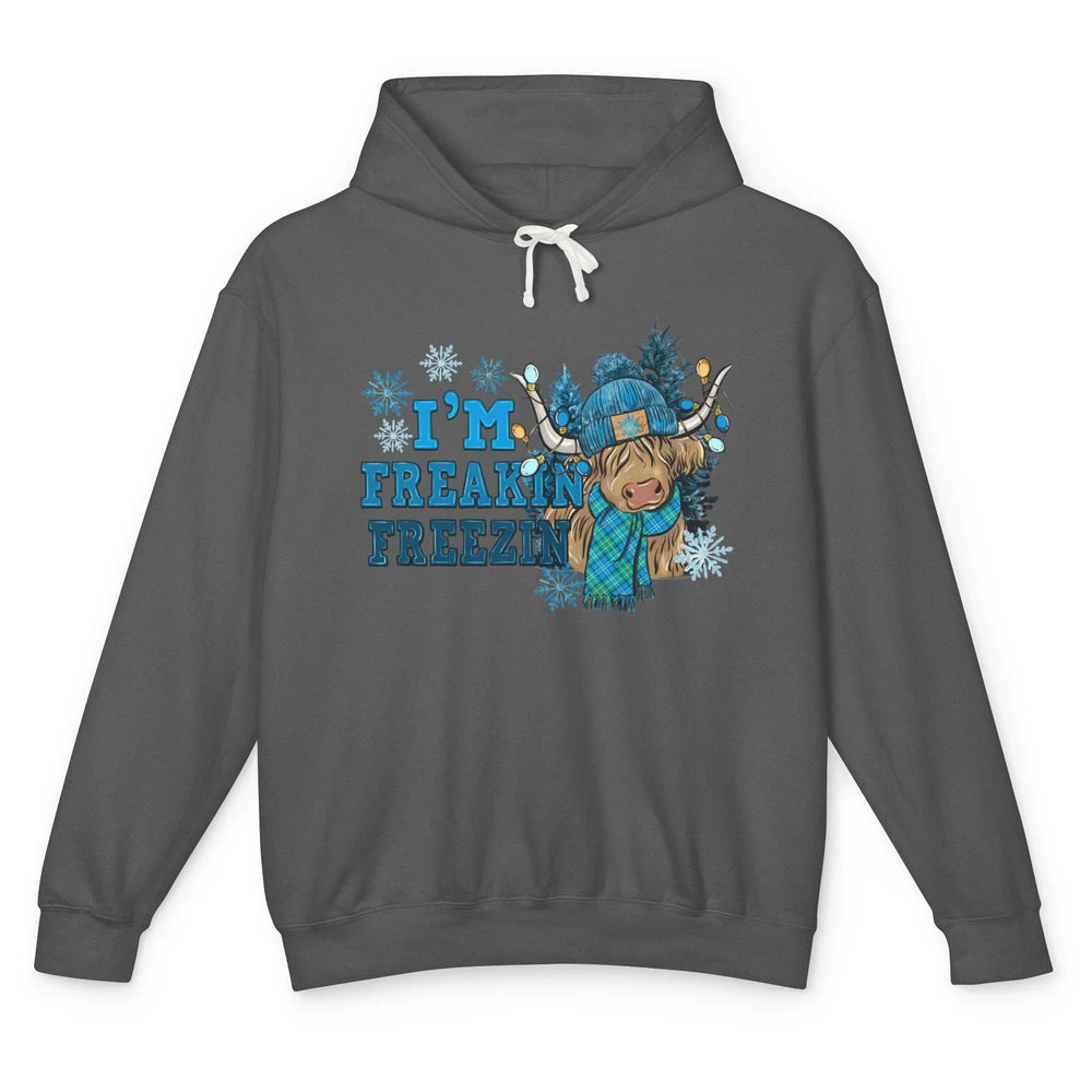 Funny Christmas Highland Cow I'm Freaking Freezing Western Unisex Lightweight Hoodie