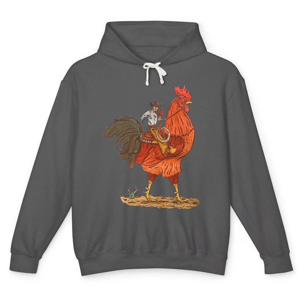 Retro Cowboy Riding Rooster Funny Western Country Cowboy Unisex Lightweight Hoodie