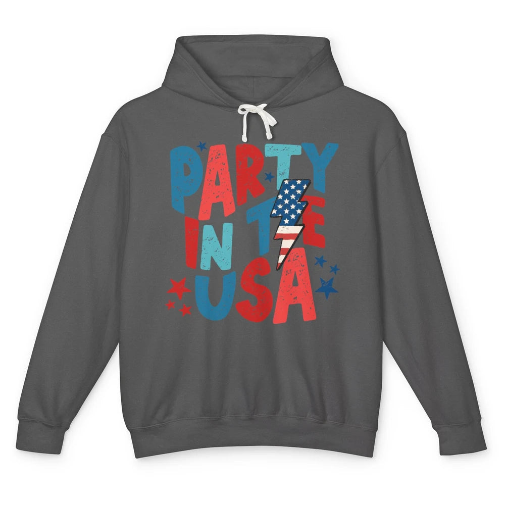 Party In The USA US Flag Lightning Bolt July 4th US Patriot Unisex Lightweight Hoodie