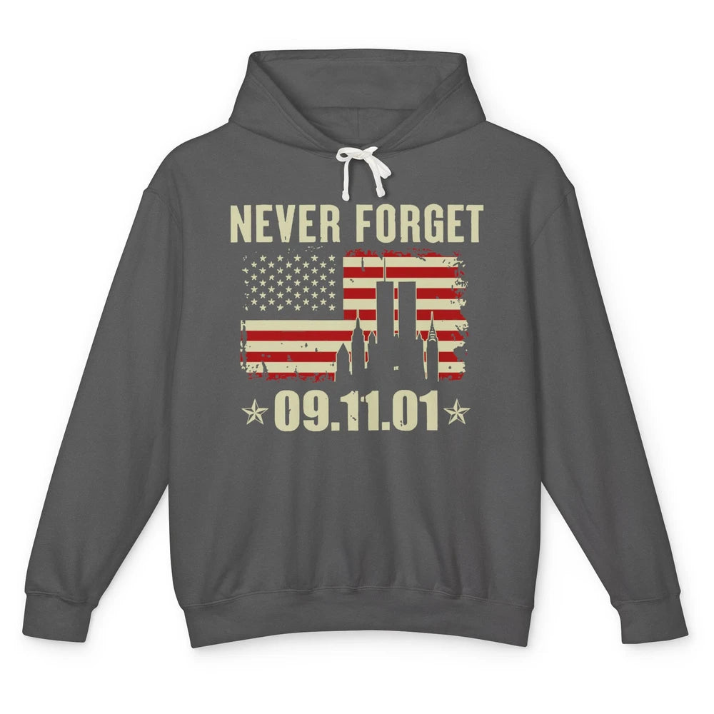 Retro Never Forget 911 American Flag Patriotic Memorial Gift Unisex Lightweight Hoodie