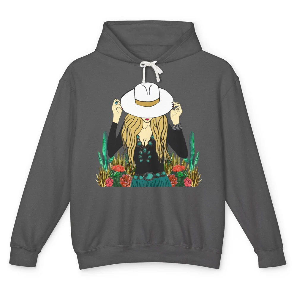 Retro Blonde Cowgirl Punchy Cowhide Turquoise Western Cowboy Unisex Lightweight Hoodie