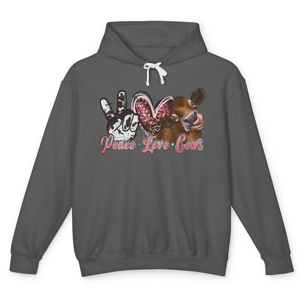 Peace Love Cows Farm Animals Western Cowhide Cow Lovers Gift Unisex Lightweight Hoodie