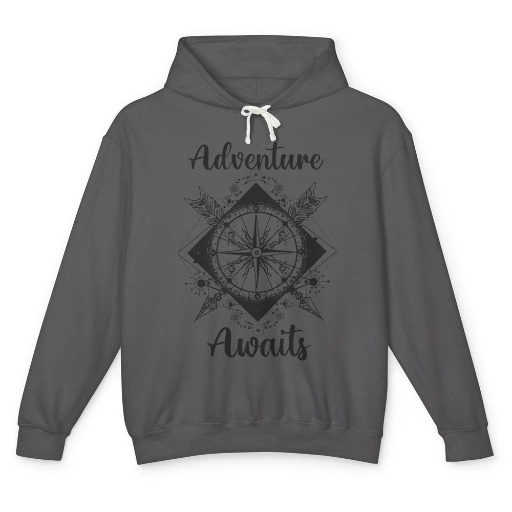 Retro Compass Mountain Adventure Awaits Camping Hiking Lover Unisex Lightweight Hoodie