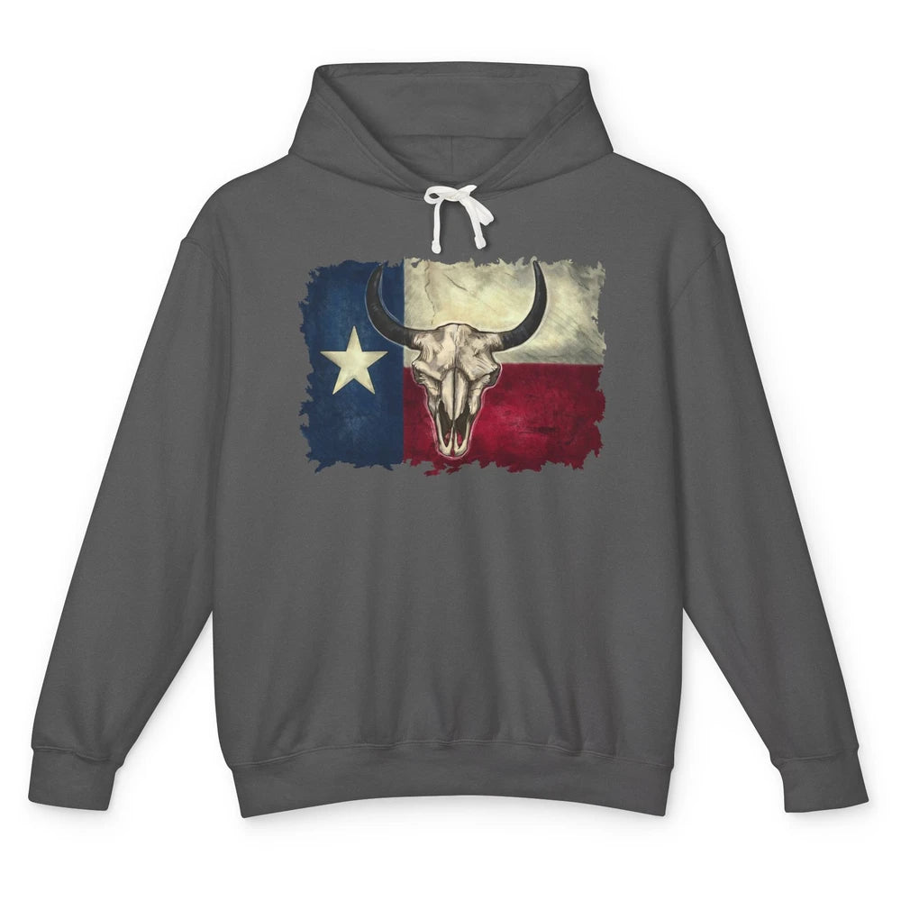 Retro Bull Skull Texas Map Western Country Cowboy Cowgirl Unisex Lightweight Hoodie