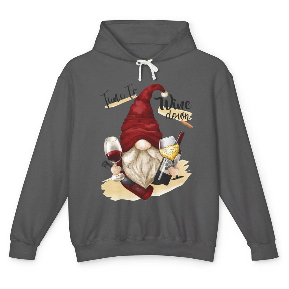 Christmas Gnome Wine It's Time to Wine Down Winter Holiday Unisex Lightweight Hoodie