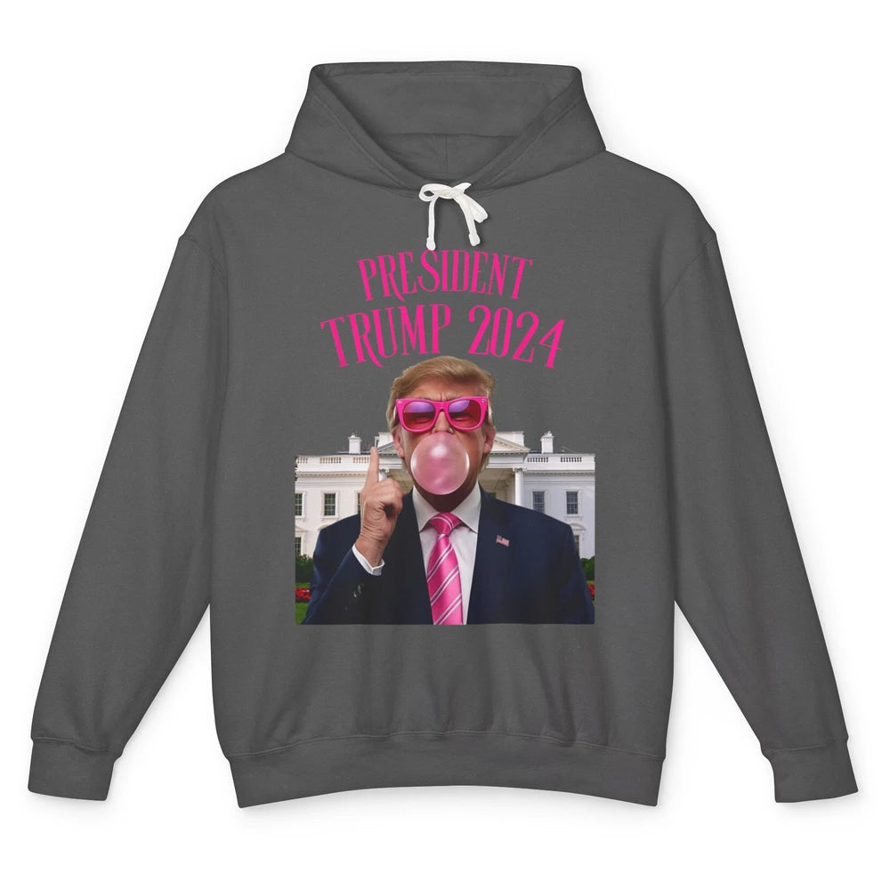 President Trump 2024 Blowing Bubble Gum Funny Trump Won Sarcastic Chewing Gum Pink Sunglasses Political Unisex Lightweight Hoodie