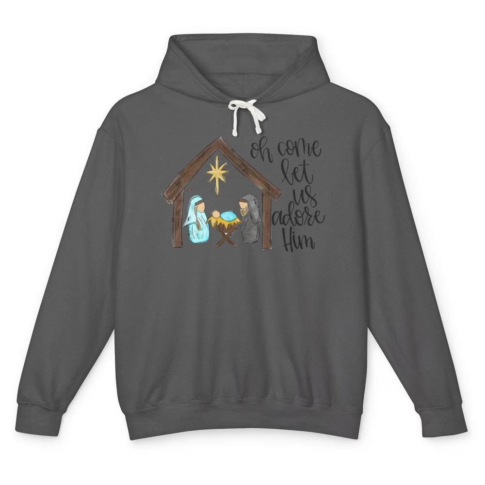 Retro Christmas Church Oh Come Let Us Adore Him Hand Drawing Unisex Lightweight Hoodie