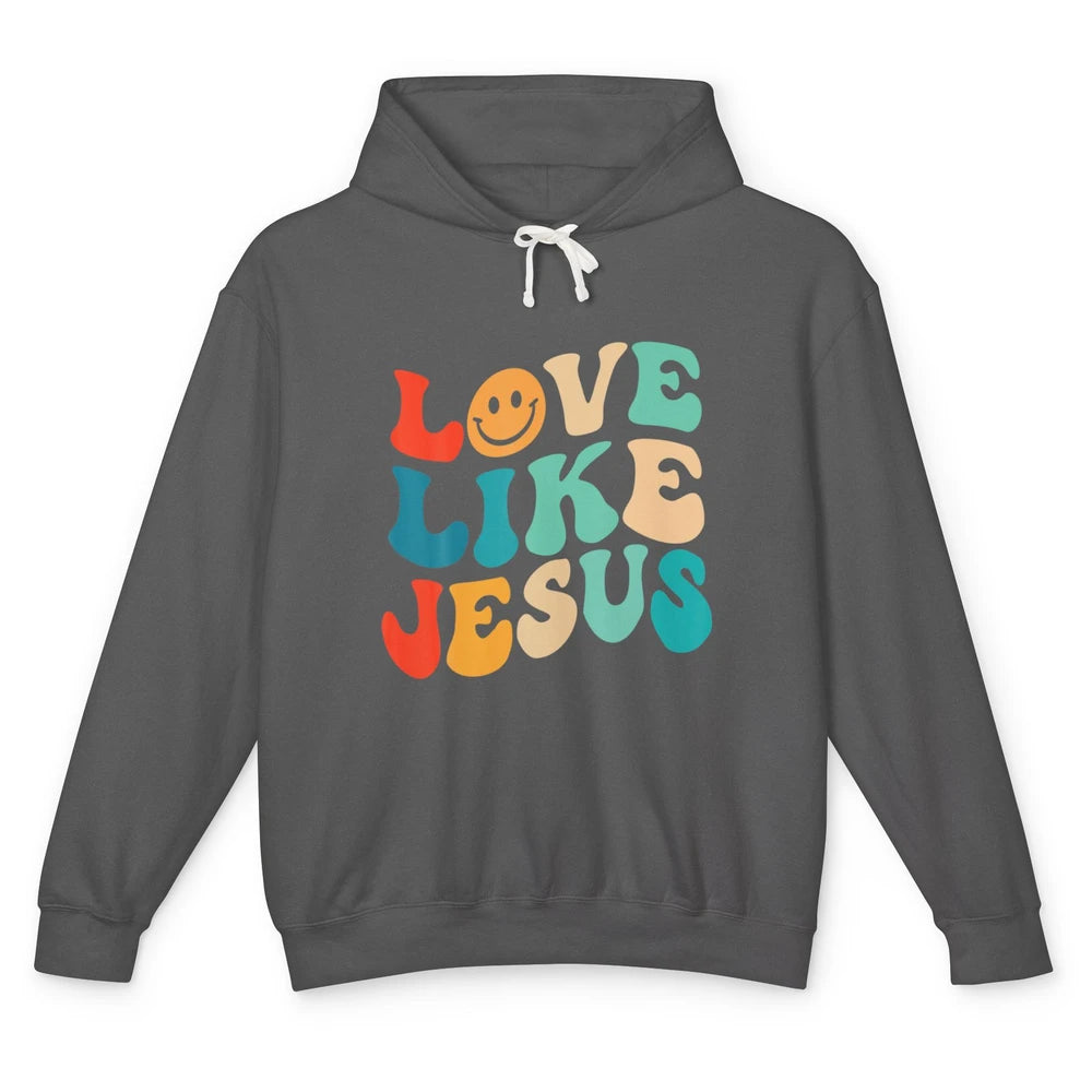 Retro Groovy Love Like Jesus Smiling Face Christ Faith God Unisex Lightweight Hoodie