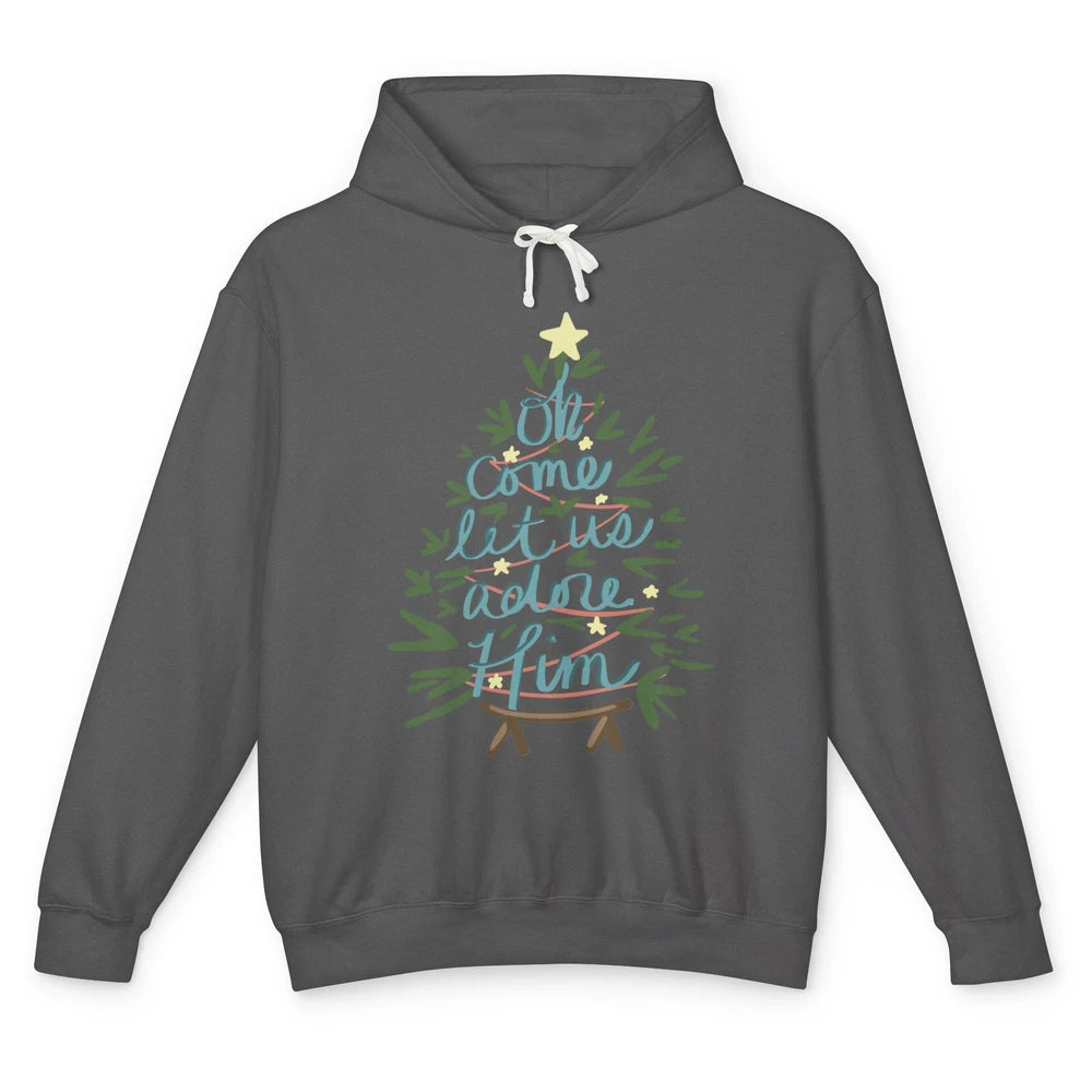Oh Come Let Us Adore Him Groovy Christmas Tree Church Xmas Unisex Lightweight Hoodie