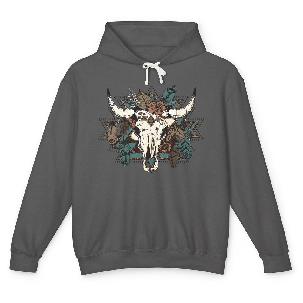 Retro Boho Bull Skull Aztec Desert Cactus Western Country Unisex Lightweight Hoodie
