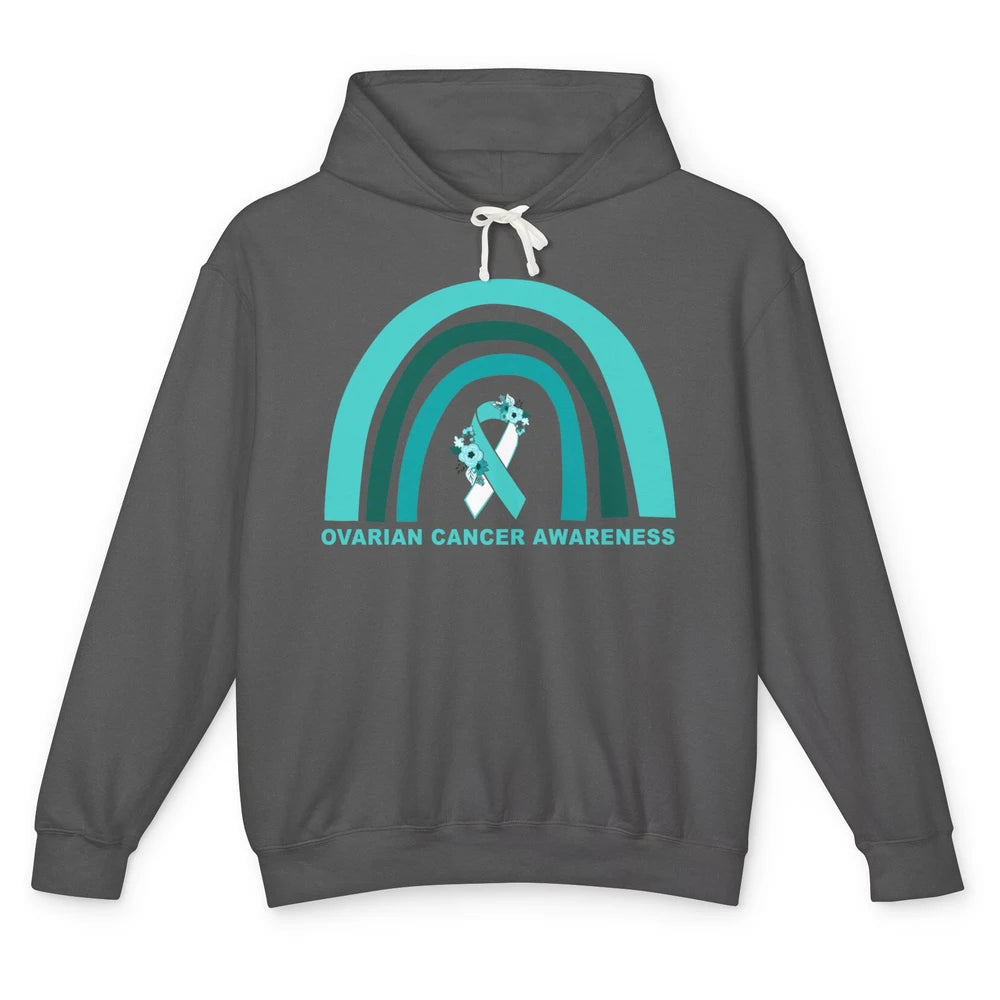 Ovarian Cancer Awareness Support Floral Turquoise Rainbow Unisex Lightweight Hoodie