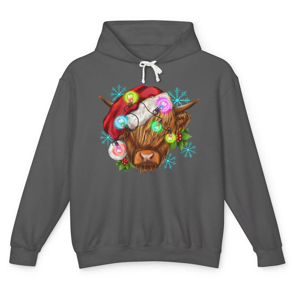 Christmas Highland Cow Xmas Light Western Christmas Cow Unisex Lightweight Hoodie