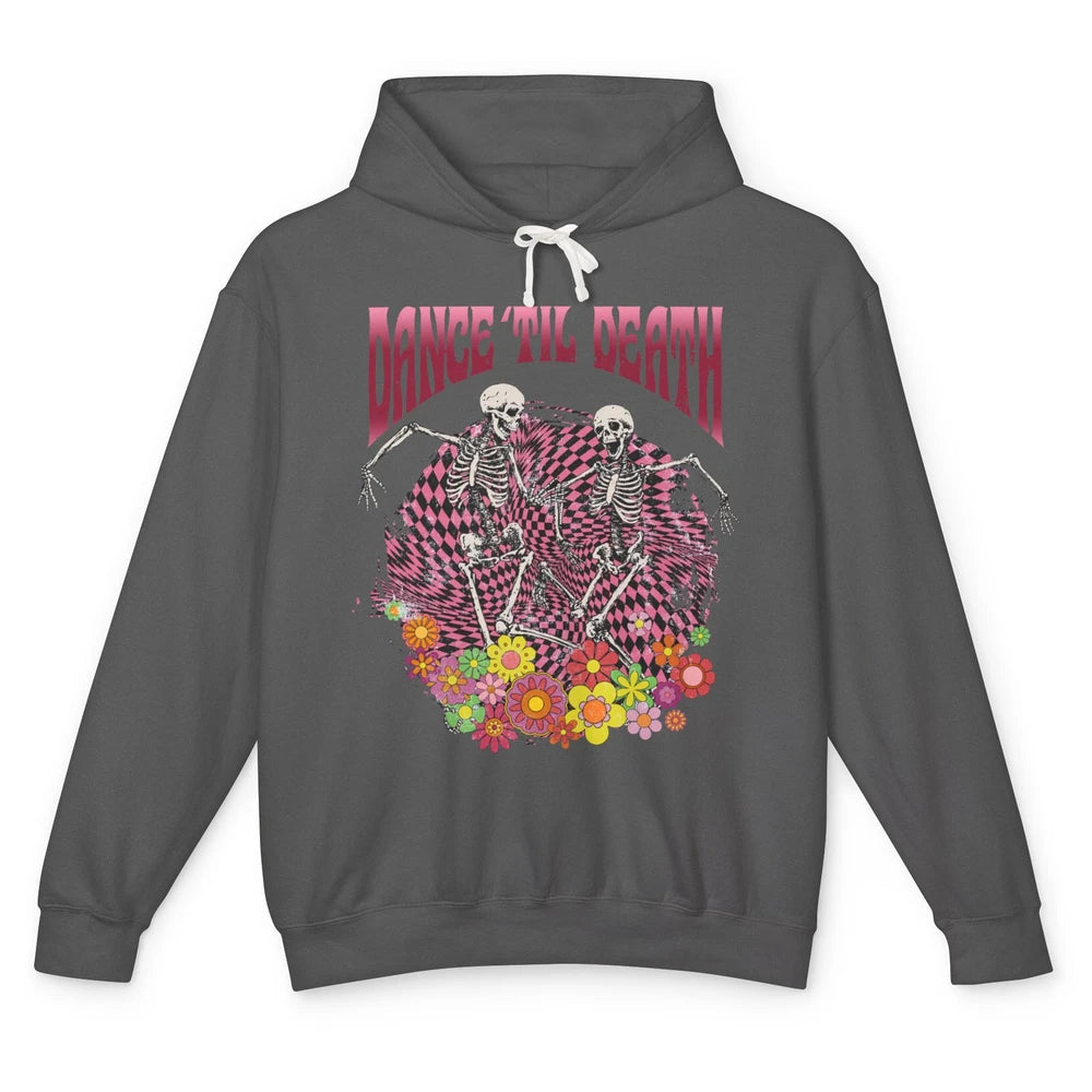 Retro Dancing Skeletons Dance Til Death Groovy Daisy Floral Unisex Lightweight Hoodie