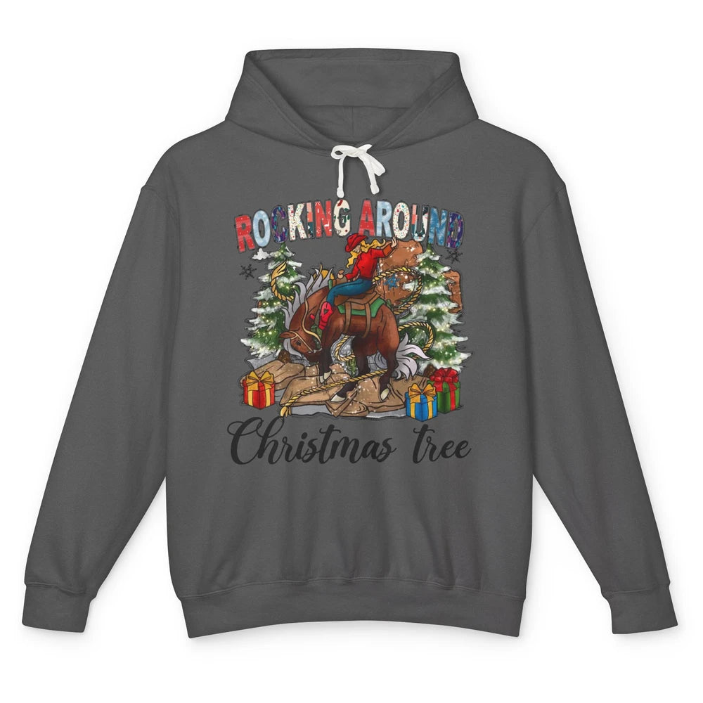 Funny Cowgirl Horsing Rocking Around Christmas Tree Western Unisex Lightweight Hoodie