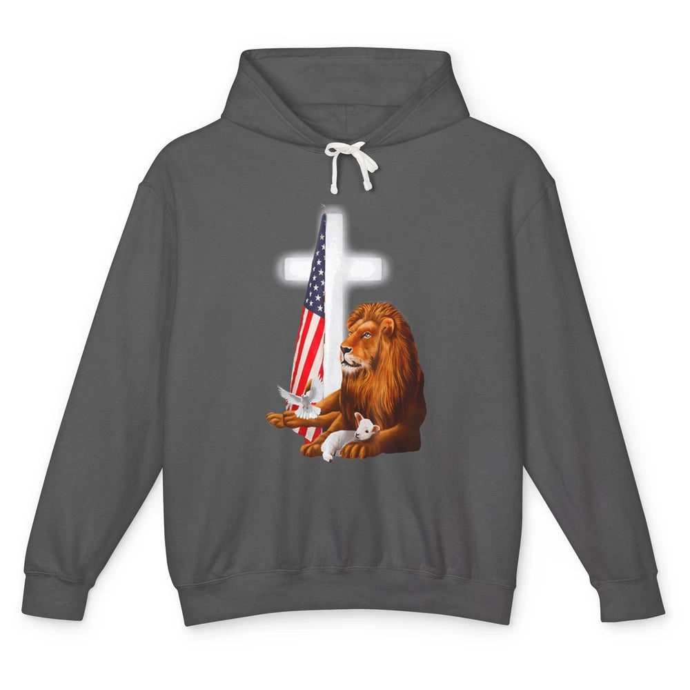Patriotic Christian Lamb Bible Verse Lion Cross Religious Unisex Lightweight Hoodie