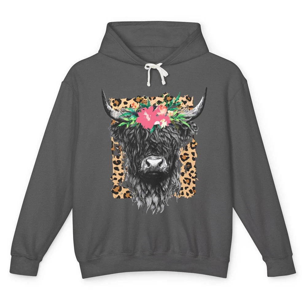 Leopard Floral Highland Cow Heifer Cattles Western Country Unisex Lightweight Hoodie