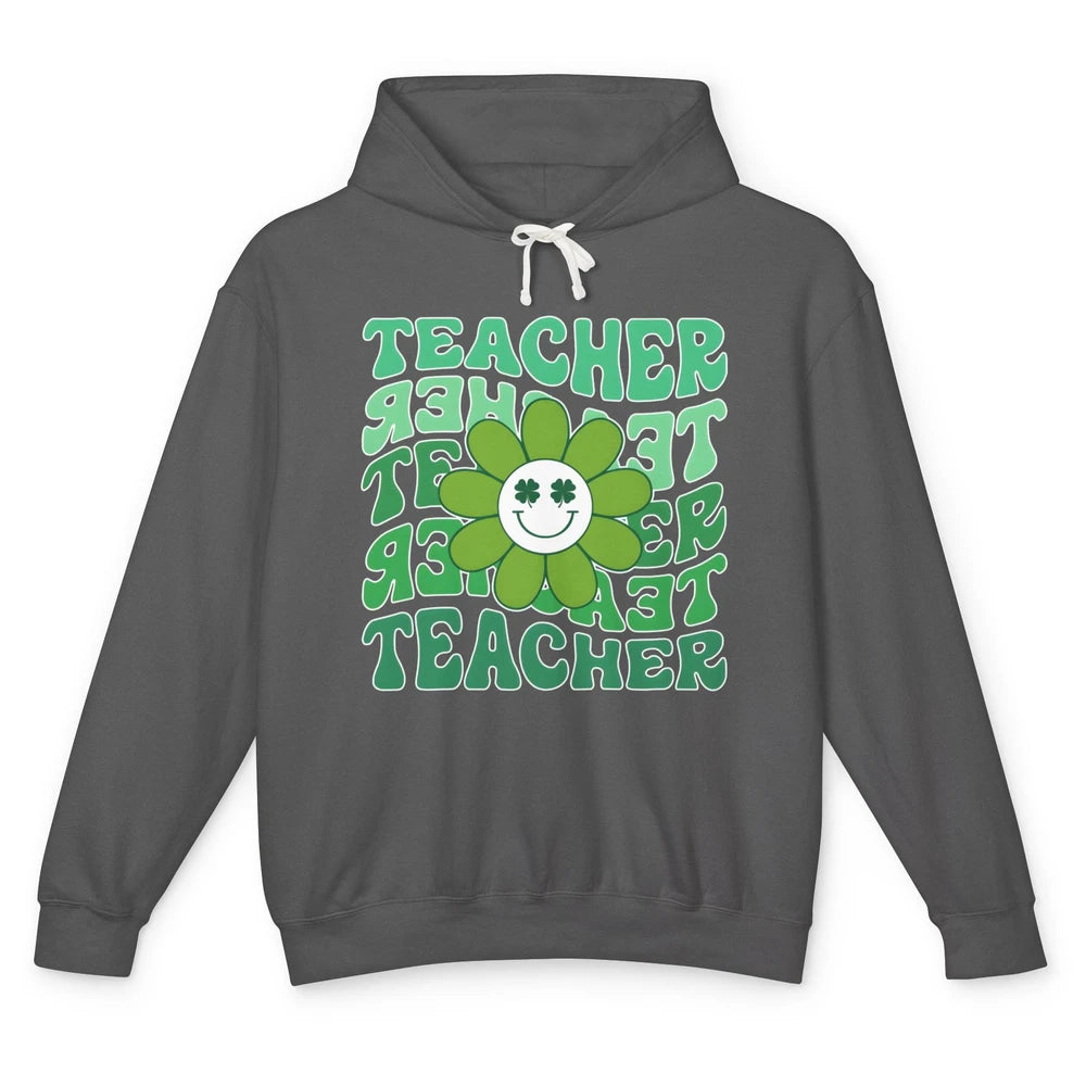 Retro Groovy Wavy Teacher Smiling Face Daisy St Patricks Day Unisex Lightweight Hoodie