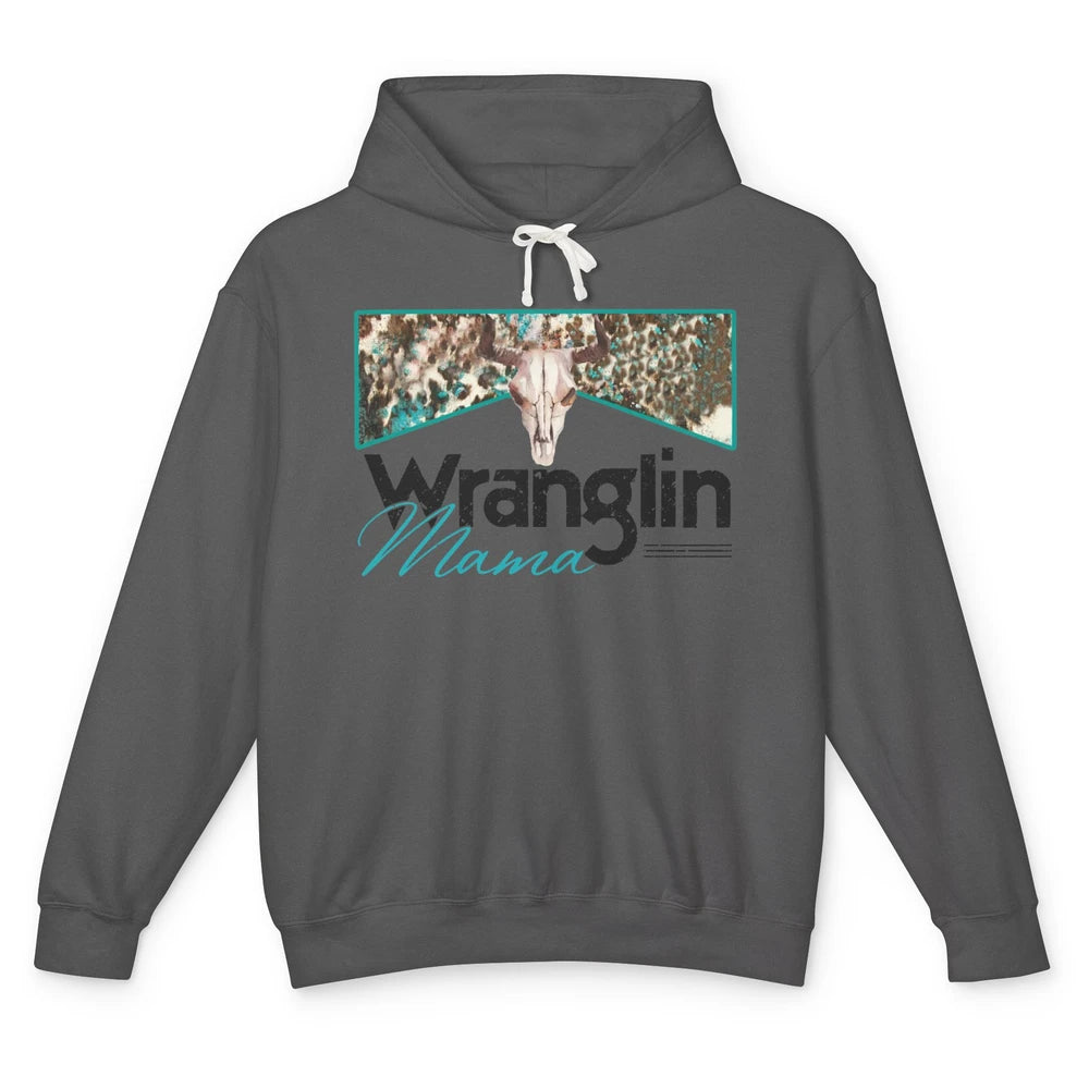 Retro Cowhide Bull Skull Wrangling Mama Western Country Girl Unisex Lightweight Hoodie