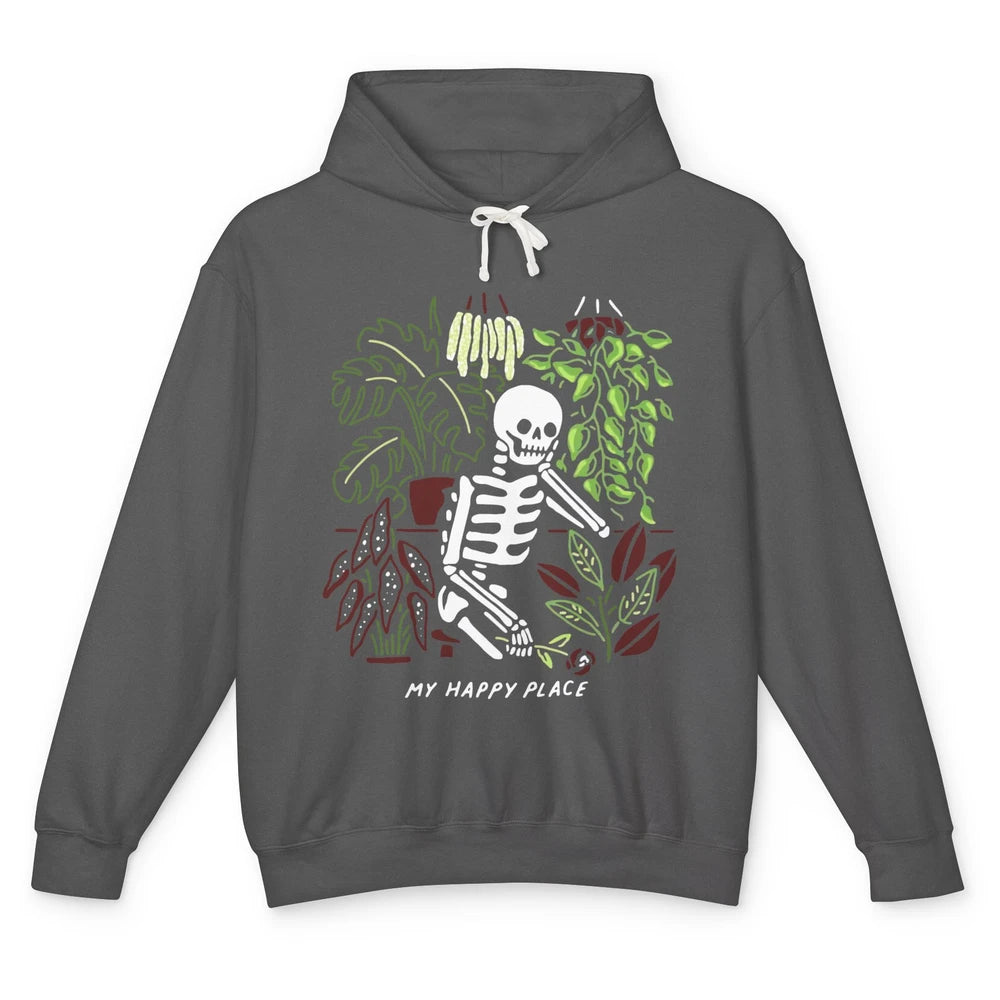 Retro Funny Skeleton Gardening My Happy Place Plant Lovers Unisex Lightweight Hoodie