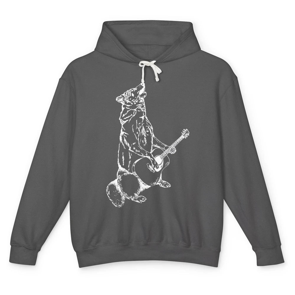 Retro Howling Wolf Playing Guitar Musician Guitarist Music Unisex Lightweight Hoodie