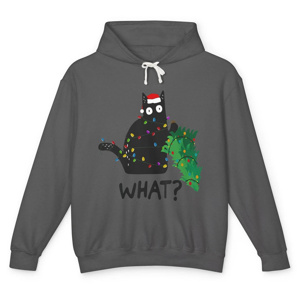 Black Cat Pushing Christmas Tree What Xmas Lights Santa Hat Unisex Lightweight Hoodie