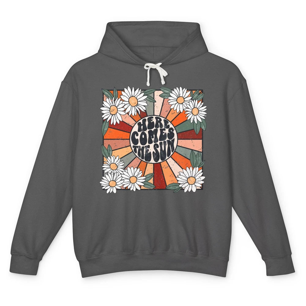 Retro Daisy Rainbow Sunrise Here Comes The Sun Hippie Girl Unisex Lightweight Hoodie