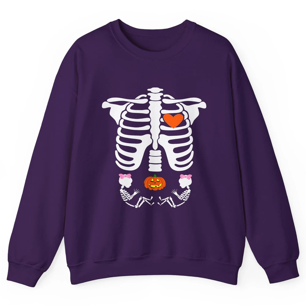 Pregnant Halloween Skeleton Baby Twins Witch Pumpkin Costume Unisex Crewneck Sweatshirt